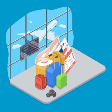 3 Boyutlu Isometric Uçak ve Kontrol Kulesi Arkaplanda Seyahat, Havalimanı Görünümü