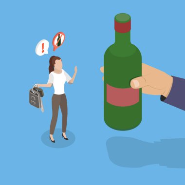 3 Boyutlu Isometric Ayık Vektör İllüstrasyonu, Kadın Sürücü Alkolü Reddetti, Anahtarları Elinde Bira Şişesi Elindeki Birisinin Yanında Tutuyor.