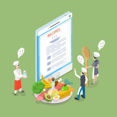 3B Isometric Yemek pişirme Süreci Web Sitesi Düz Vektör İllüstrasyonu, Çevrimiçi Tarif Koleksiyonu