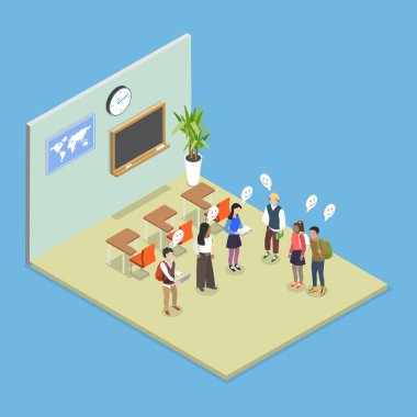 3D Isometric Eğitim ve Öğrenim Vektörü İllüstrasyonu, Öğrenciler Sınıfta Kitap ve Bilgisayarlara Poz Verdi.