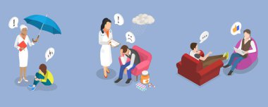 3D Isometric Flat Vlat Illustration of Psychologist talking with Patient, Depicting mental Health Koşulları