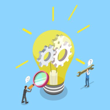 Yaratıcılık ve Yaratıcılık Sürecinin Üç Boyutlu İsometrik Düz Vektör İllüstrasyonu, Ampulü Onarırken Yaratıcı İlham Aranıyor