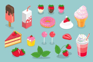 3D Isometric Düz Vektör Çilekli Tatlılar Seti, Lezzetli Şekerler
