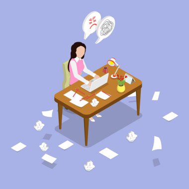 3B Isometric Düz Vektör Yazı Denemesi, Yanma ve Yaratıcılık Krizi Konsepti