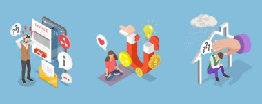 FOMO 'nun 3D Isometric Düz Vektör İllüstrasyonu, Olumlu ve Olumsuz Duyguların Kaybolması Korkusu anlamına gelir