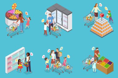 Hipermarkette Alışveriş Yapanların 3D Isometric Flat Vektör İlülasyonu, Aile Üyeleri Süpermarketten Manevra Yapıyor, Çocuklar Tedavi İçin Heyecanlı, Aileler Alışveriş Listelerini Yönetiyor
