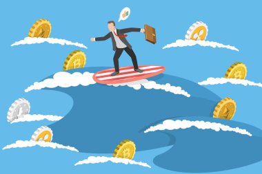 Şifreli Para Sörfünün 3D Isometric Düz Vektör İllüstrasyonu, Şifreli Para Dalgasıyla Yükselen İşadamı