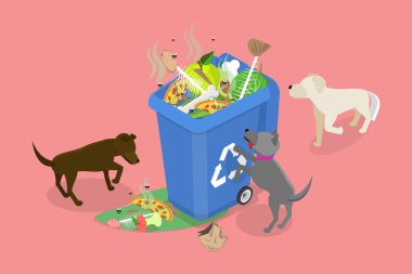 Aç Evsiz Hayvanlar, Başıboş Köpekler Çöpü Kazıyor 'un 3B Isometric Düz Vektör İllüstrasyonu