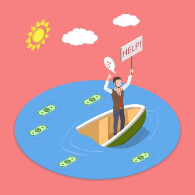 3D Isometric Finansal Krizin Flat Vektör İlülasyonu, Batan Gemideki Girişimci Denizde Yardım İstiyor.