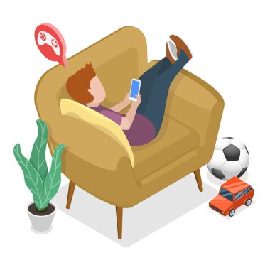 Üç boyutlu Isometric Flat Vektör Çocuk Eserleri Bağımlılığı, Çevrimiçi Çocuklar Eğlencesi. Madde 1