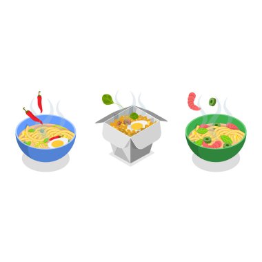 3 boyutlu Isometric Flat vektör seti, Çin ve Japon erişteleri. Madde 1