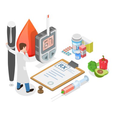 Glikoz İzleme, Diyabet Mellitus 'un 3D Isometric Düz Vektör İllüstrasyonu. Madde 1