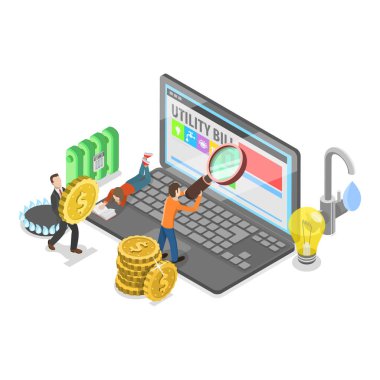 3D Isometric Flat Vektör Faturalar Ödeme, Çevrimiçi Alışveriş. Madde 2