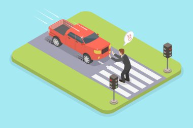 Yaya geçidinde korkmuş yayanın 3D Isometric Düz Vektör İllüstrasyonu, yaya geçidinde neredeyse araba çarpıyordu.