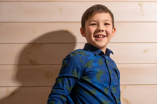 Porträtt Pojke Gammal Brunett Blå Skjorta Skratt — Stockfoto
