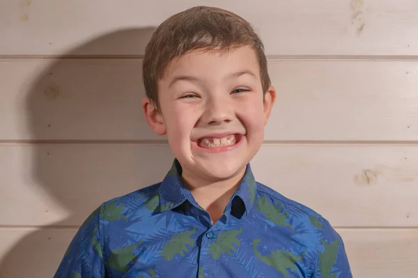 Portrait Boy Years Old Brunette Blue Shirt Laughs — Stock Photo, Image