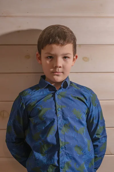 Porträtt Pojke Gammal Brunett Blå Skjorta Mycket Allvarlig Titt — Stockfoto