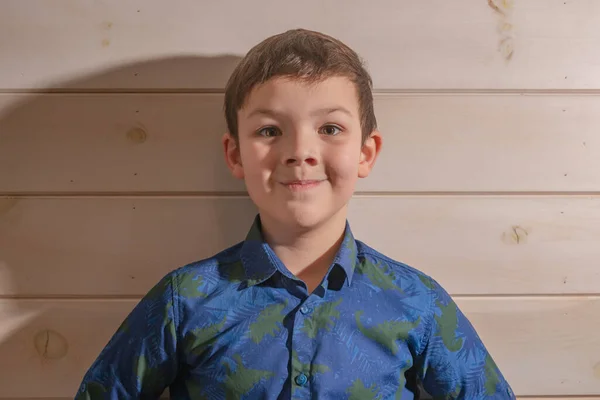Πορτρέτο Ενός Αγοριού Ετών Μελαχρινή Μπλε Πουκάμισο Χαμογελώντας Κλειστά Χείλη — Φωτογραφία Αρχείου