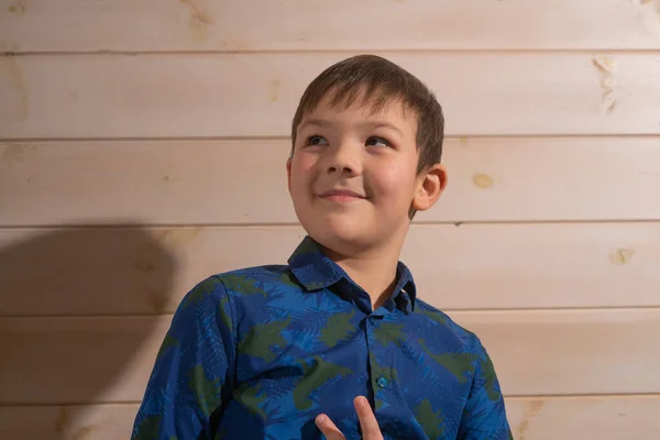 Retrato Niño Años Morena Con Camisa Azul Sonriendo Con Los — Foto de Stock