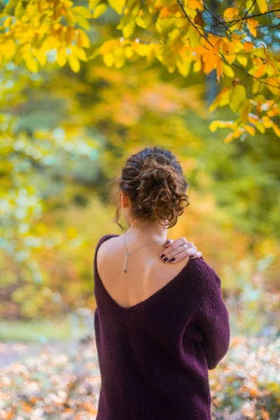 Młoda Dziewczyna Fioletowym Ciepłym Swetrze Stoi Plecami Kamery Tle Jesiennych — Zdjęcie stockowe