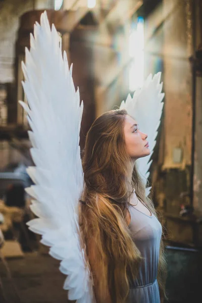 Mladá Krásná Dívka Dlouhými Vlasy Bílými Křídly Anděl Fascinovaně Podívá Stock Snímky