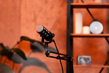 Şık bir mikrofon, iyi tasarlanmış bir podcast alanında ayarlanabilir bir standın üzerine yerleştirilir..