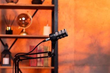 Kaliteli bir mikrofon sağlam bir kürsüye yerleştirilir, şık bir stüdyoda podcast kaydı için hazırdır. Sıcak ışıklandırma ve organize raflar röportajlar için hoş bir ortam yaratıyor..