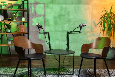 İki modern sandalye, yeşil ve sanatla dekore edilmiş modaya uygun bir stüdyoda ayarlanabilir mikrofonlarla donatılmış yuvarlak bir masaya bakıyor. Sıradan bir röportaj için mükemmel..