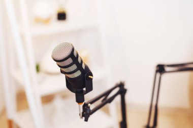 Ayarlanabilir bir koldaki parlak bir mikrofon, çağdaş bir ev stüdyosunda konumlandırılmıştır. Arka planda, ses üretimi için davet edici bir alan yaratan minimalist bir dekor yer alıyor.