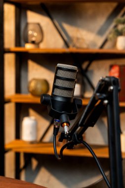 Konforlu podcast stüdyosunda dekoratif eşyalar ve kitaplarla dolu rafların önünde ayarlanabilir bir kola monte edilmiş bir mikrofon bulunuyor..