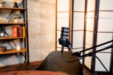 Sade bir stüdyoda, tahta bir masanın üzerinde duran bir mikrofon. Mekanı dekorla dolu kitaplıklar, podcast tartışmaları için sıcak bir atmosfer yaratıyor.
