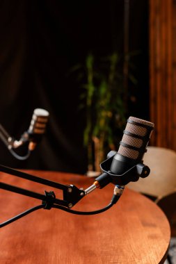 Sıcak bir podcast stüdyosunda ayarlanabilir kollara yerleştirilmiş iki yüksek kaliteli mikrofon var. Kurulumda sıcak ahşap tonlarda konuşmalar için davetkar bir atmosfer yaratılıyor..