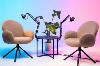 İki rahat sandalye podcast kaydı için davetkar bir ortam yaratır. Her sandalye esnek kollara bağlı bir mikrofon ile donatılmıştır, canlı bir arka plan ve bir bitki ile çevrelenmiştir..