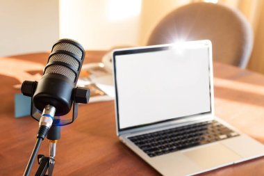 İyi hazırlanmış bir podcast sergisi dizüstü bilgisayarın yanına yerleştirilmiş bir mikrofon, eğitici bir röportaj yayınına hazır. Güneş ışığı çalışma alanı atmosferini güçlendirir.