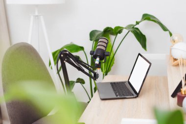 Düzenli bir ofis alanı, bir dizüstü bilgisayarın yanına yerleştirilmiş bir mikrofon, podcastları kaydetmek ve eğitime odaklanmış röportajlar için ideal..