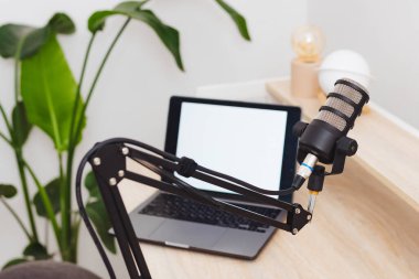 Bu iyi tasarlanmış ofis alanı bir dizüstü bilgisayarın yanında podcast 'i kaydetmeye hazır bir mikrofon içeriyor. Röportaj ve eğitim içeriği oluşturmak için ideal bir ortam..