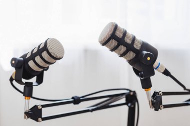 İki profesyonel mikrofon, iyi ışıklandırılmış bir stüdyoda podcast röportajı için yerleştirildi. Kurulum, net ses kalitesine ve etkileşimli konuşmaya odaklanılmasını öneriyor.
