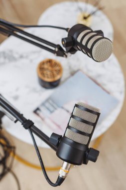 Bir podcast röportajında kullanılmak üzere ayarlanabilir tribünlere yerleştirilmiş iki mikrofon var. Yakınlardaki bir masa notlar ve malzemeler içeriyor ve tartışma için verimli bir ortam yaratıyor..