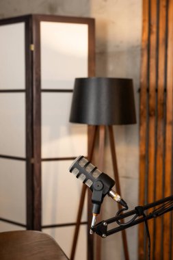 Modern bir stüdyo, podcast kaydı için davetkar bir atmosfer yaratarak röportaj için hazır parlak bir mikrofona sahiptir. Yumuşak ışıklandırma ve ahşap aksanlar ortamı güçlendirir..