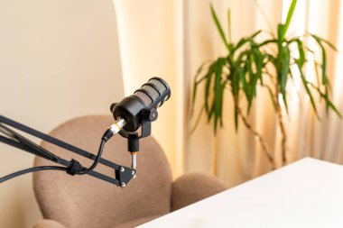 Kürsüye yerleştirilmiş bir mikrofon rahat bir sandalyenin yanındaki iyi ışıklandırılmış bir odada, podcast konuşmaları ve röportajlar için davet edici bir alan yaratıyor..