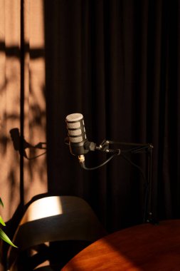 A microphone is positioned on a stand, waiting for the next interview in a welcoming interior with warm lighting and dark curtains, creating an inviting atmosphere.