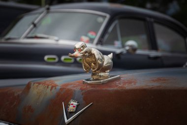 Özel yapım bir kaput amblemi içeren yıpranmış Cadillac, Amerikan araba fuarına katılanların ilginç bakışlarını ve hayranlığını çekiyor.