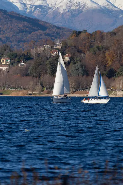 Sakin bir öğleden sonra boyunca Manzaralı Dağ Gölü 'nde süzülen yelkenliler