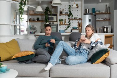 İki genç lezbiyen kadın, konuşmamayı tartıştıktan sonra evdeki kanepede oturuyorlar. İnternete ve çevrimiçi mesajlaşmaya bağımlı kadınlar, akıllı telefonlarıyla internette sörf yapıyorlar..