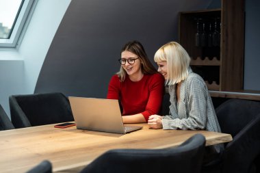Two Young businesswoman discuss with new start up project Idea presentation, analyze planning and financial statistics and investment market at office. Expert female research on laptop computer.