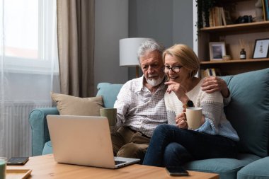 Gülümseyen yaşlı karı koca kucaklaşıyor, dizüstü bilgisayar kullanıyor, rahat bir koltukta oturuyor, film izliyor ya da internetten alışveriş yapıyor, ekrana bakıyor, olgun erkek ve kadın boş zamanlarını evde geçiriyorlar.