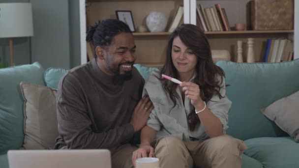 Young Mixed Race Couple Waiting Pregnancy Test Results Get Happy — Wideo stockowe