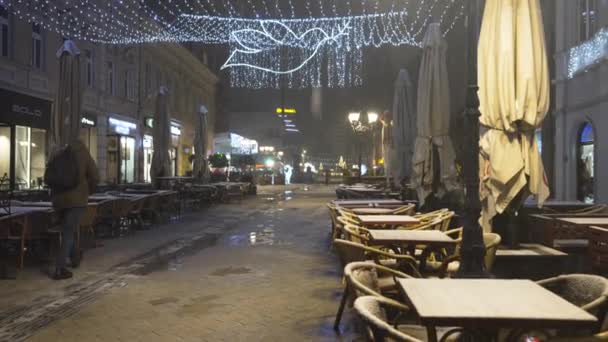 Nachtzicht Het Stadsleven Koude Besneeuwde Winterdag Met Gebouwen Mensen Die — Stockvideo