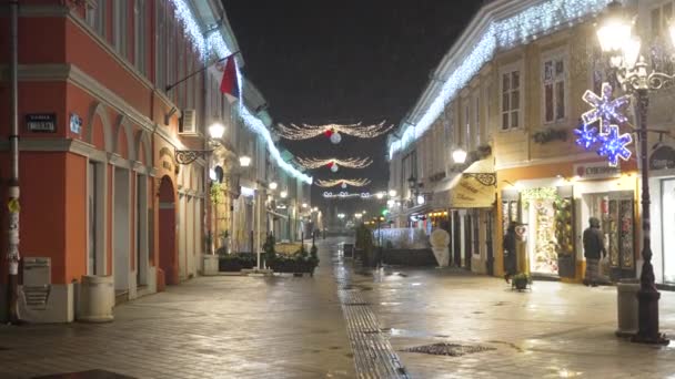 Novi Sad Servië Januari 2024 Nachtzicht Het Stadsleven Koude Besneeuwde — Stockvideo