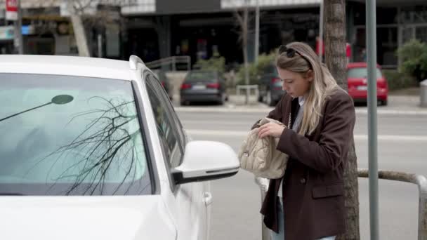 Młoda Nerwowa Bizneswoman Szukająca Kluczyków Samochodu Torebce Stojącej Pobliżu Pojazdu — Wideo stockowe